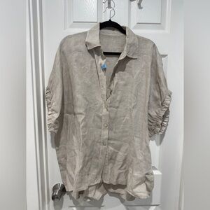 Short Sleeve Tan Linen Button Down Top